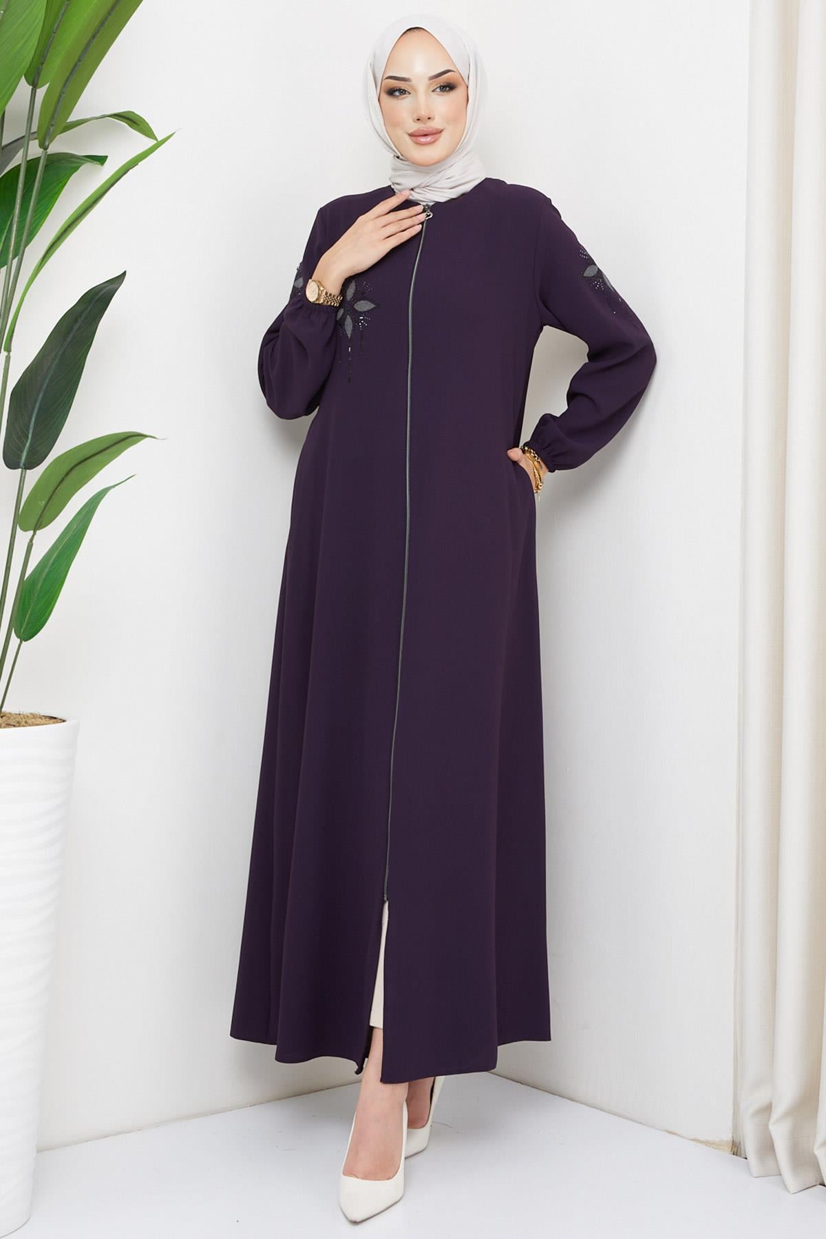 Çiçek Taşlı Ferace Mürdüm HM2302