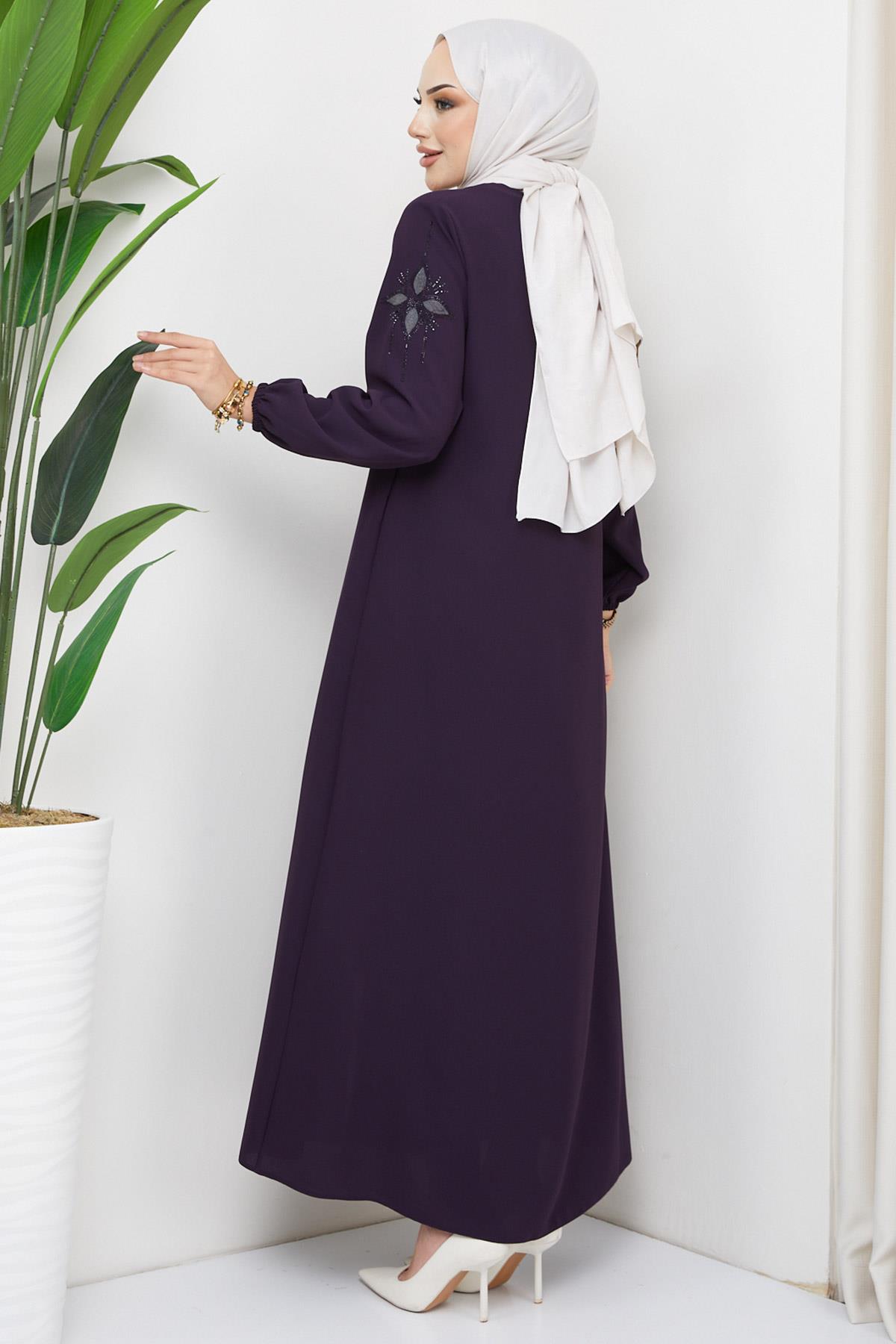 Çiçek Taşlı Ferace Mürdüm HM2302