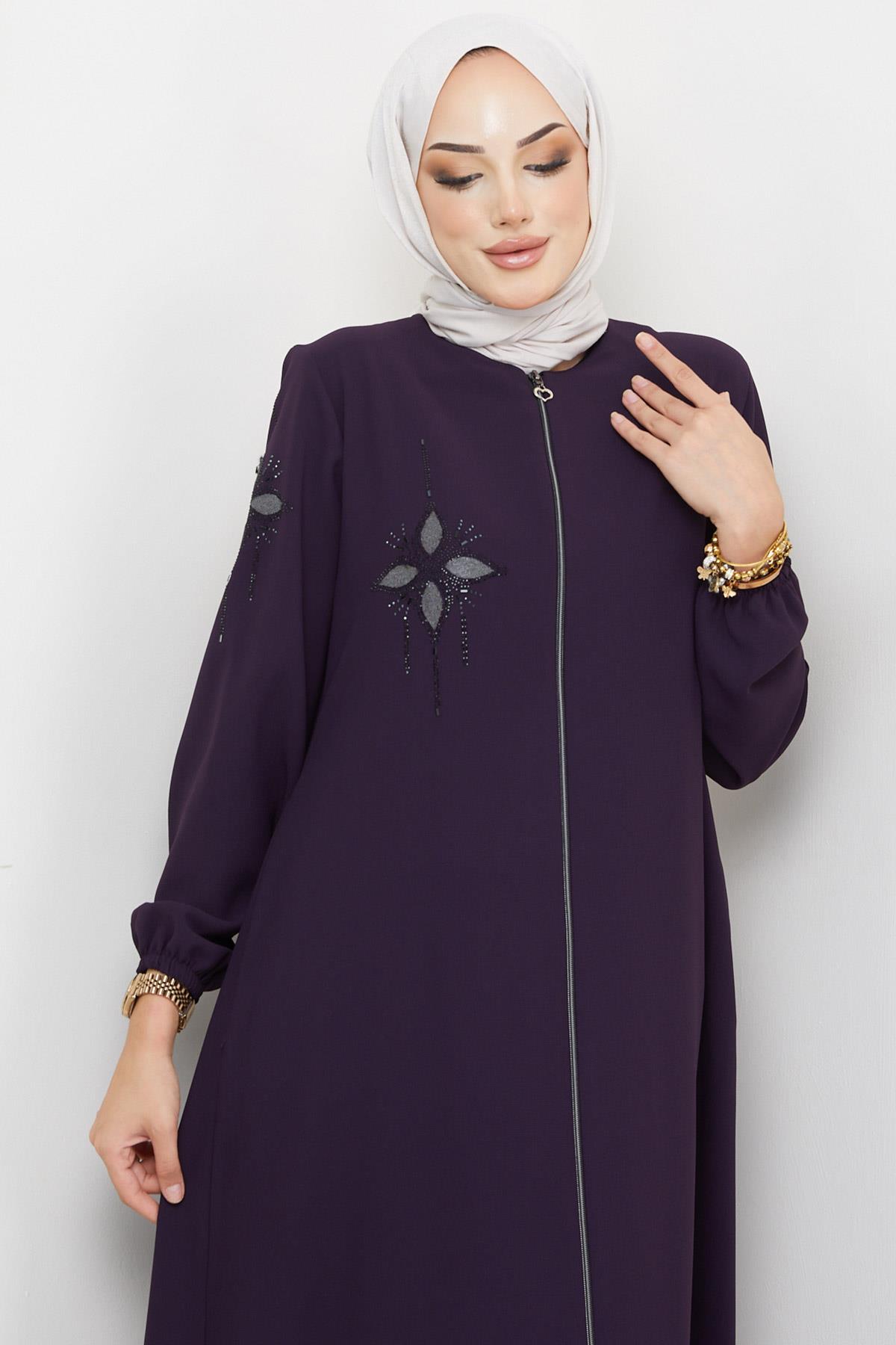 Çiçek Taşlı Ferace Mürdüm HM2302
