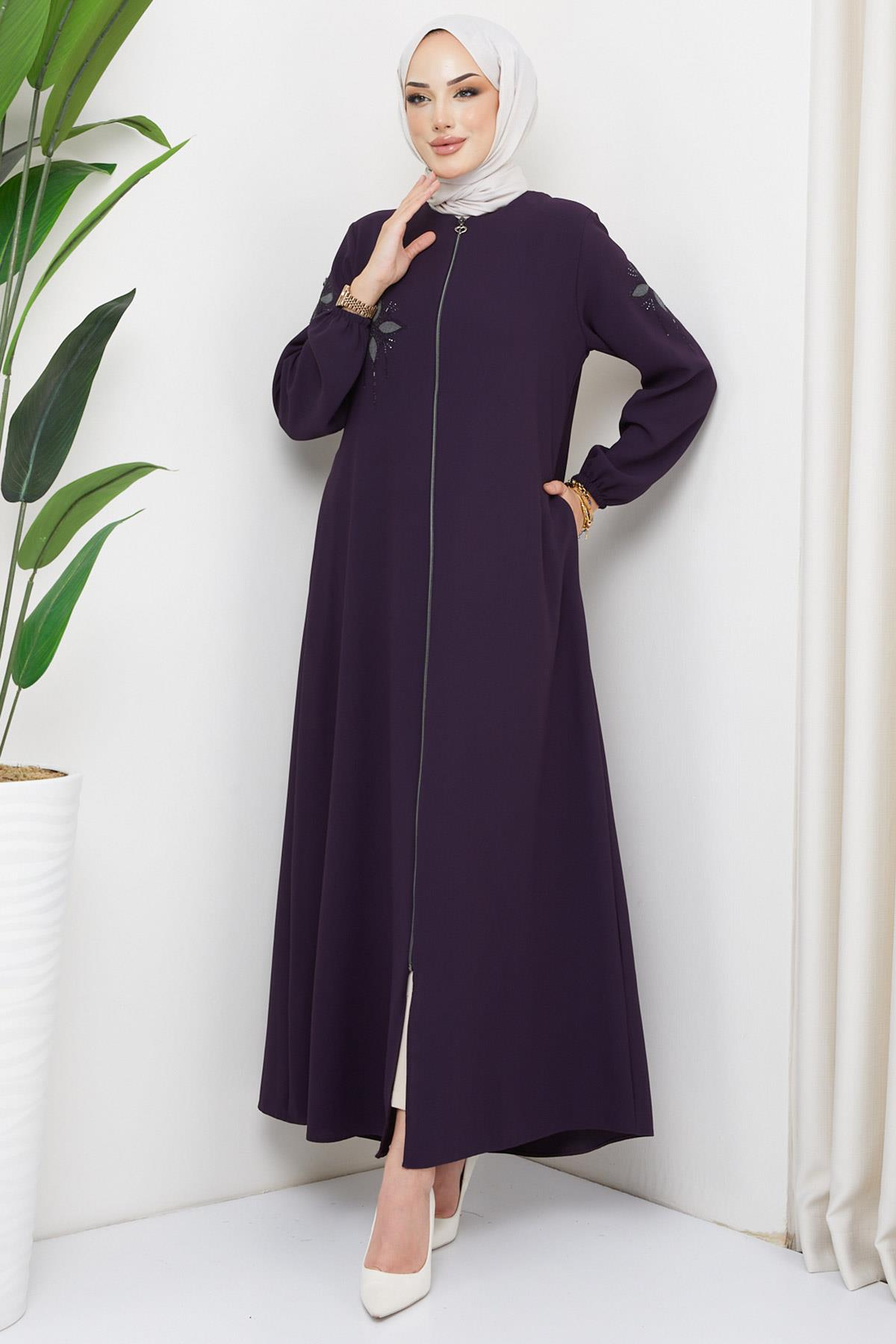 Çiçek Taşlı Ferace Mürdüm HM2302