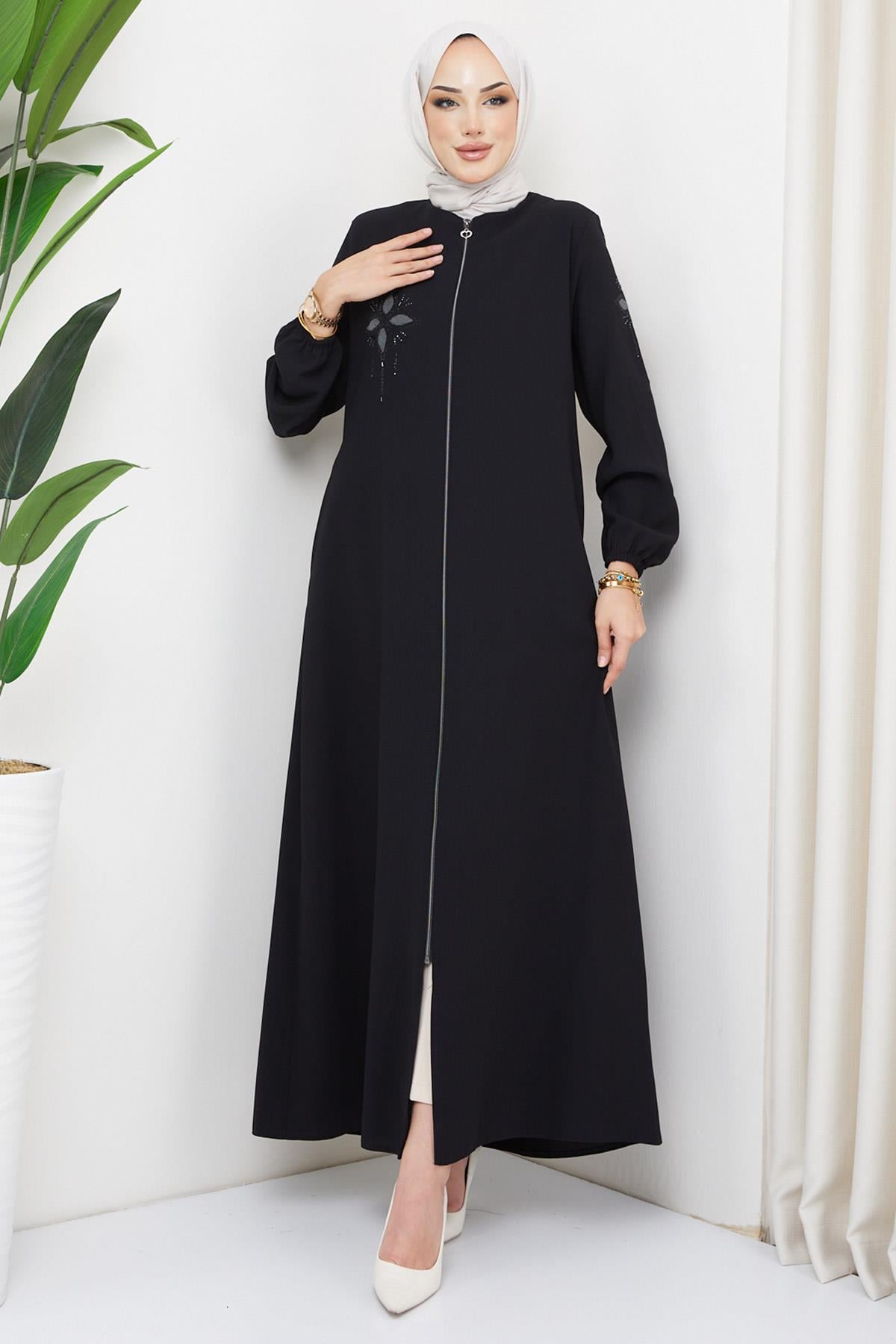 Çiçek Taşlı Ferace Siyah HM2302