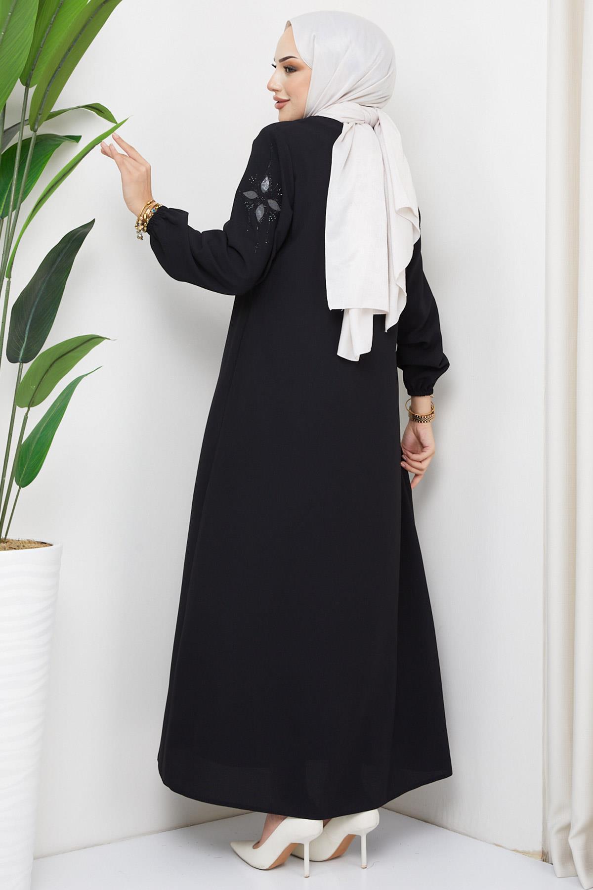 Çiçek Taşlı Ferace Siyah HM2302