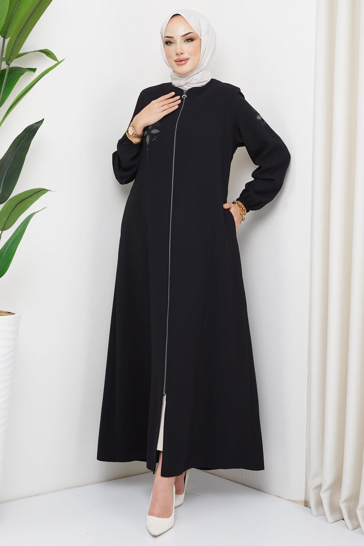 Çiçek Taşlı Ferace Siyah HM2302