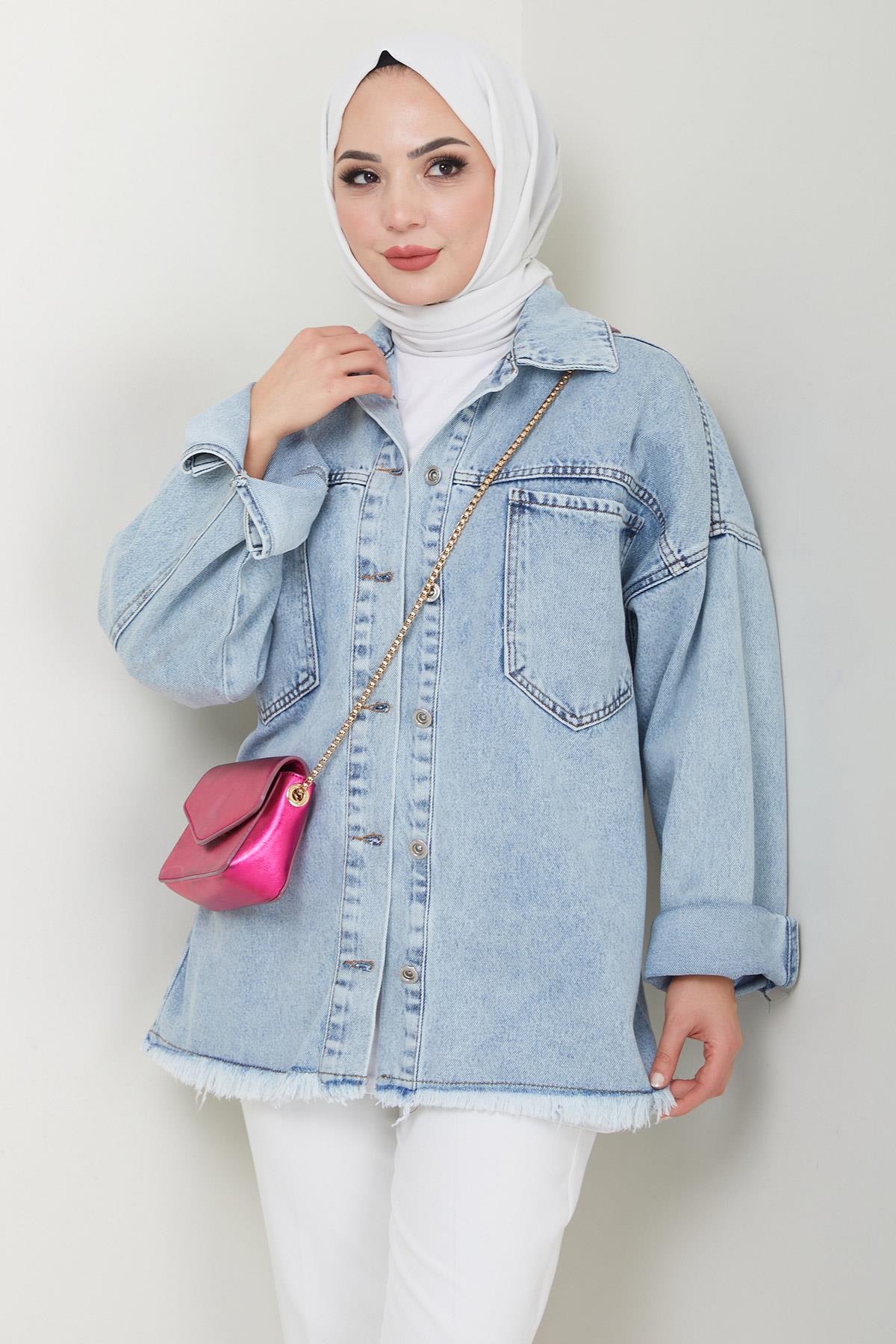 Çift Cepli Oversize Kot Ceket Mavi HM2578