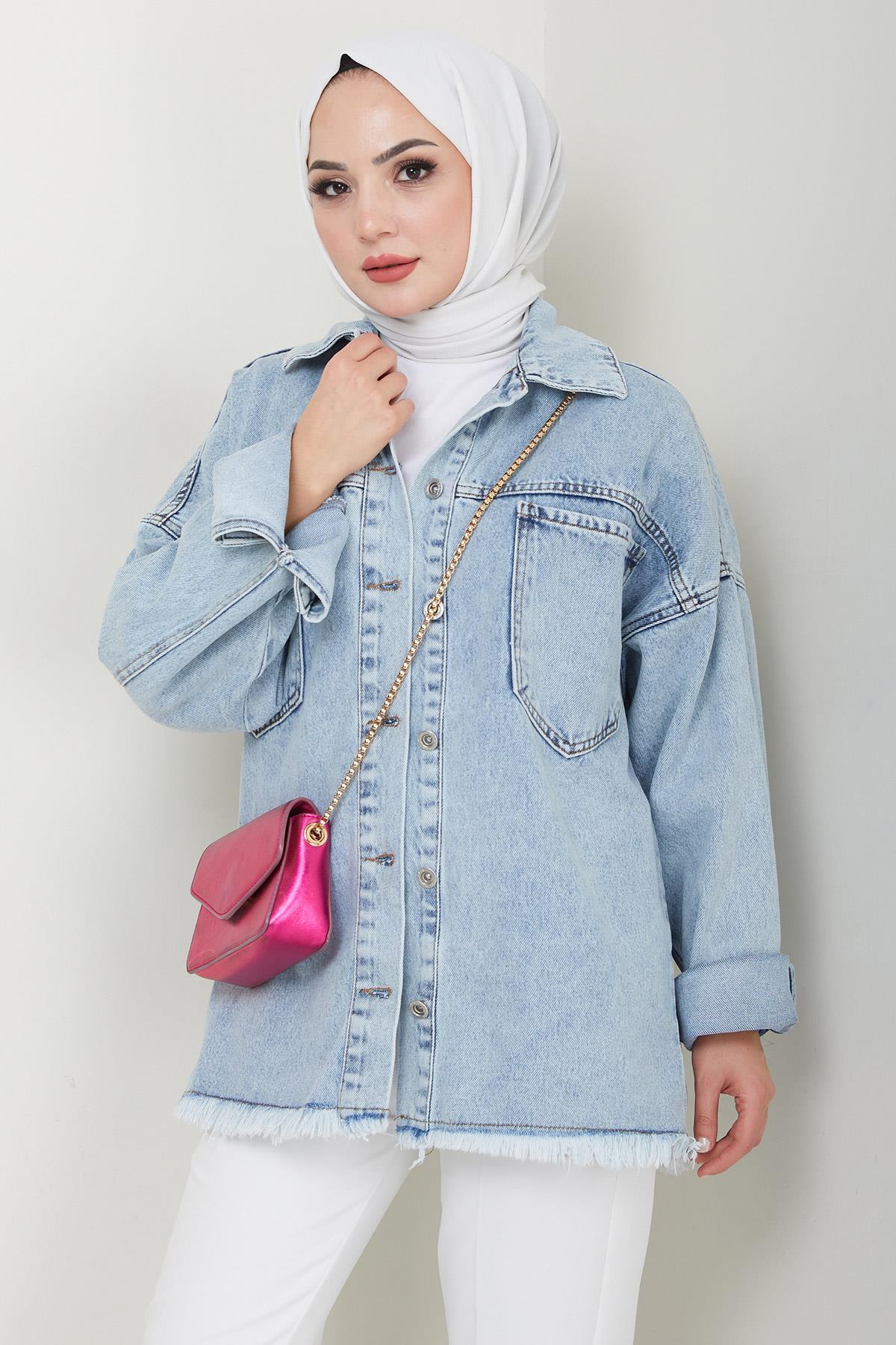 Çift Cepli Oversize Kot Ceket Mavi HM2578