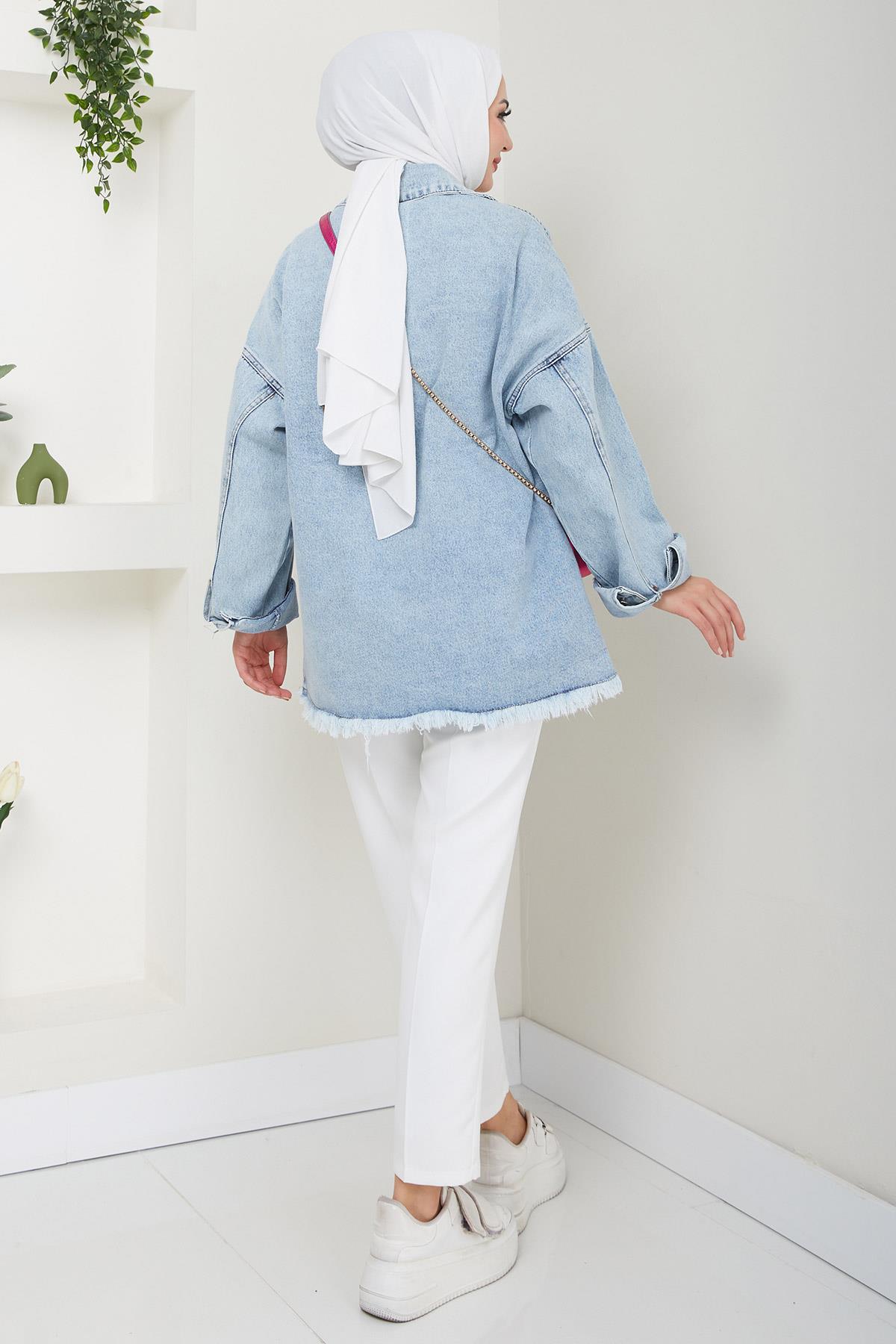 Çift Cepli Oversize Kot Ceket Mavi HM2578