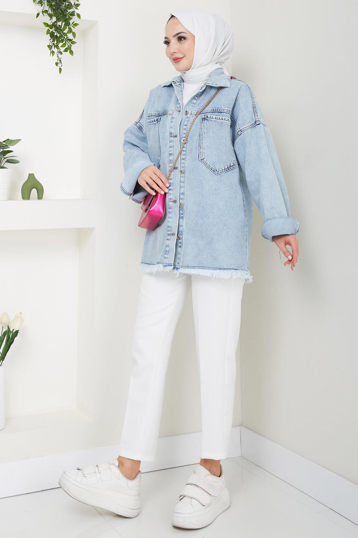Çift Cepli Oversize Kot Ceket Mavi HM2578