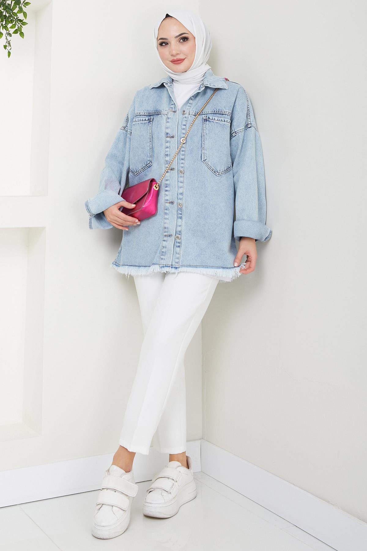 Çift Cepli Oversize Kot Ceket Mavi HM2578