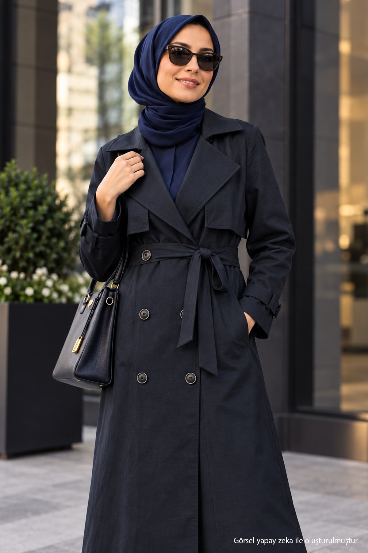Çift Sıra Düğmeli Astarsız Kuşaklı Trençkot Koyu Lacivert HM2979