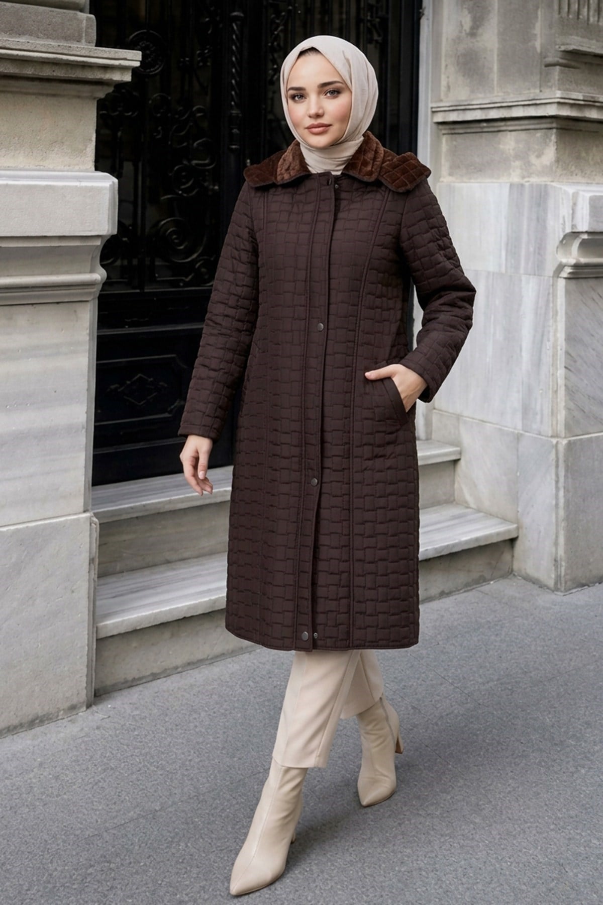 Çıkarılabilir Kapüşonlu  110 CM Kapitone Mont Acı  Kahve HNT2805