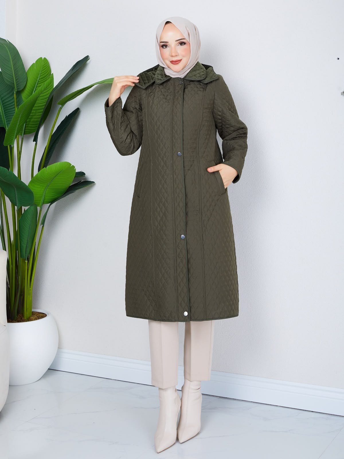 Çıkarılabilir Kapüşonlu  110 CM Kapitone Mont Haki HNT2805