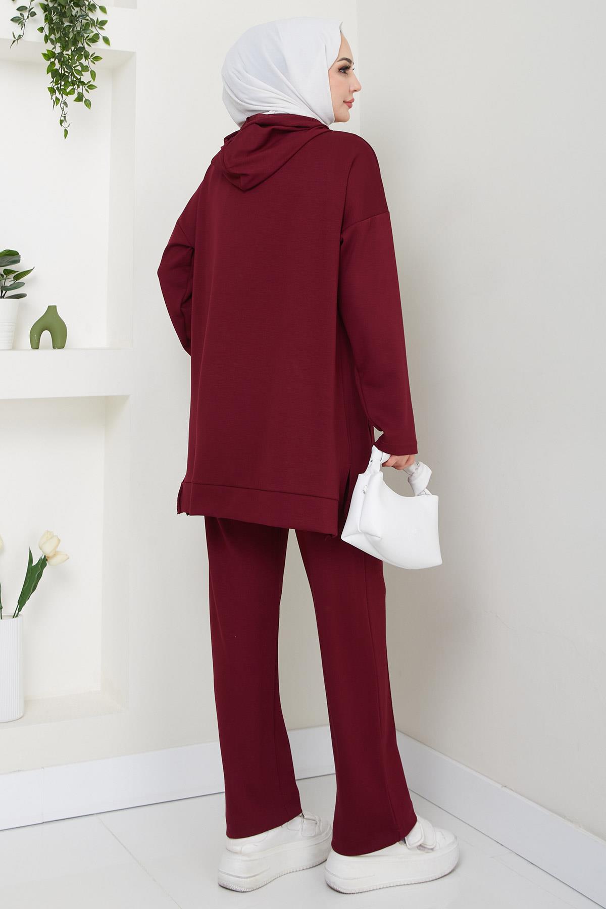 Çıtçıtlı Kapüşonlu İkili Takım Bordo HM2646