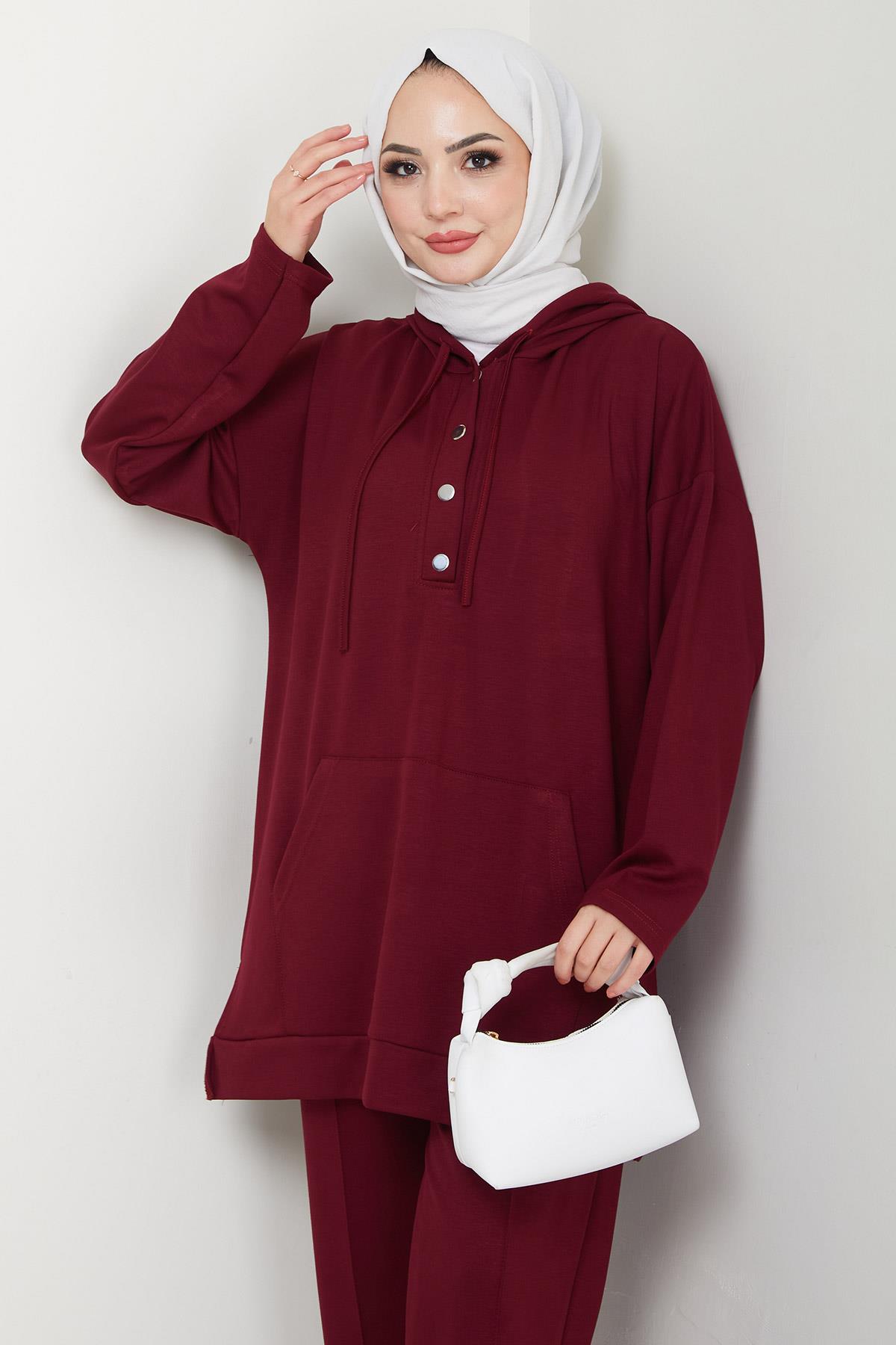 Çıtçıtlı Kapüşonlu İkili Takım Bordo HM2646