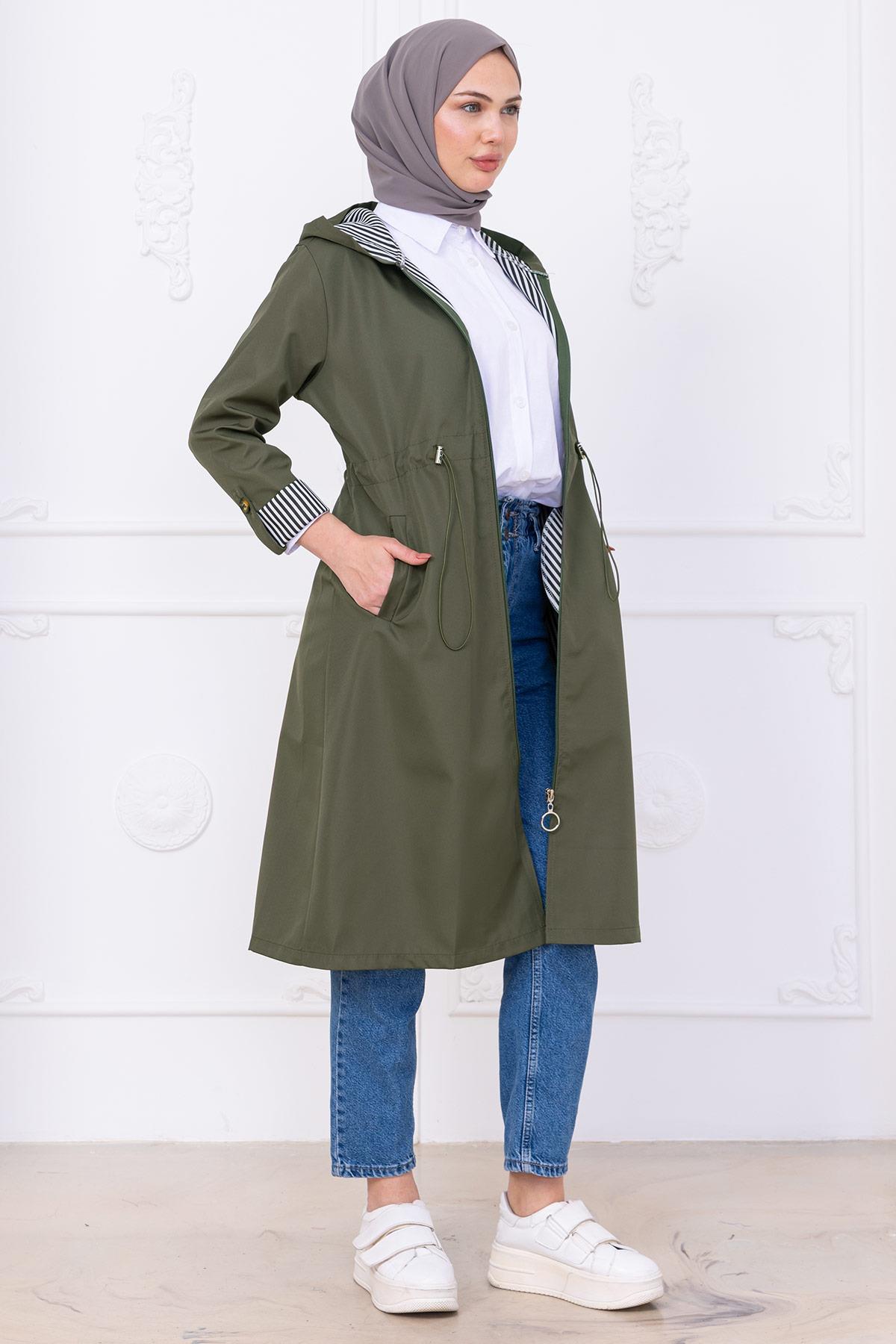 Çizgi Detaylı Trençkot Haki HM2283