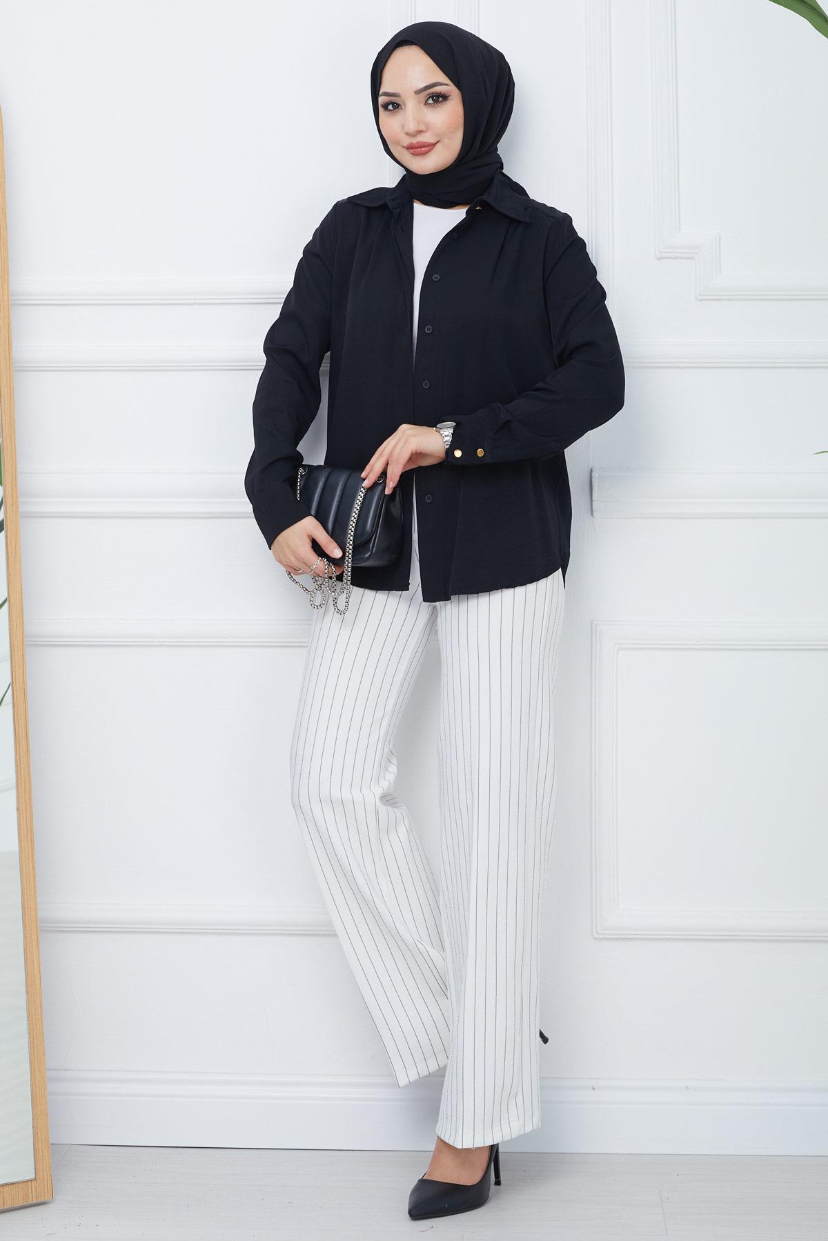 Çizgili Bol Paça Krep Pantolon Beyaz HM2355