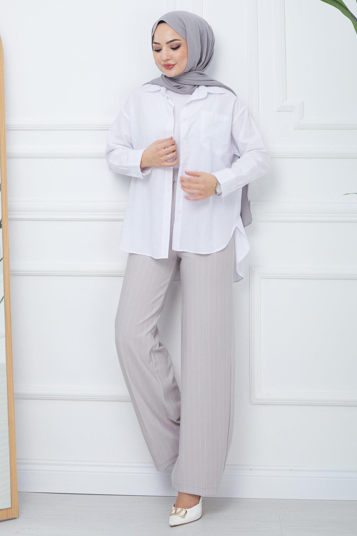 Çizgili Bol Paça Krep Pantolon Gri HM2355