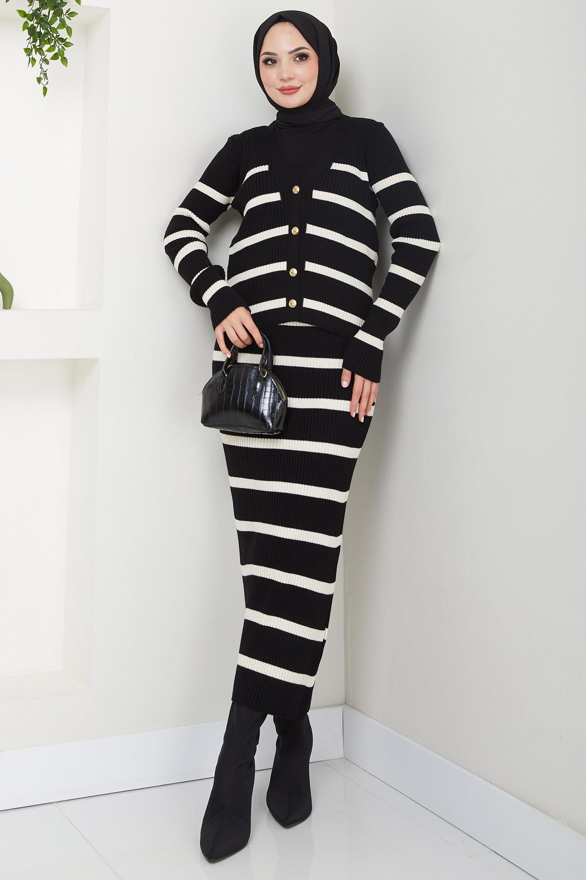 Çizgili Ceketli Jile Triko Takım Siyah HM2634