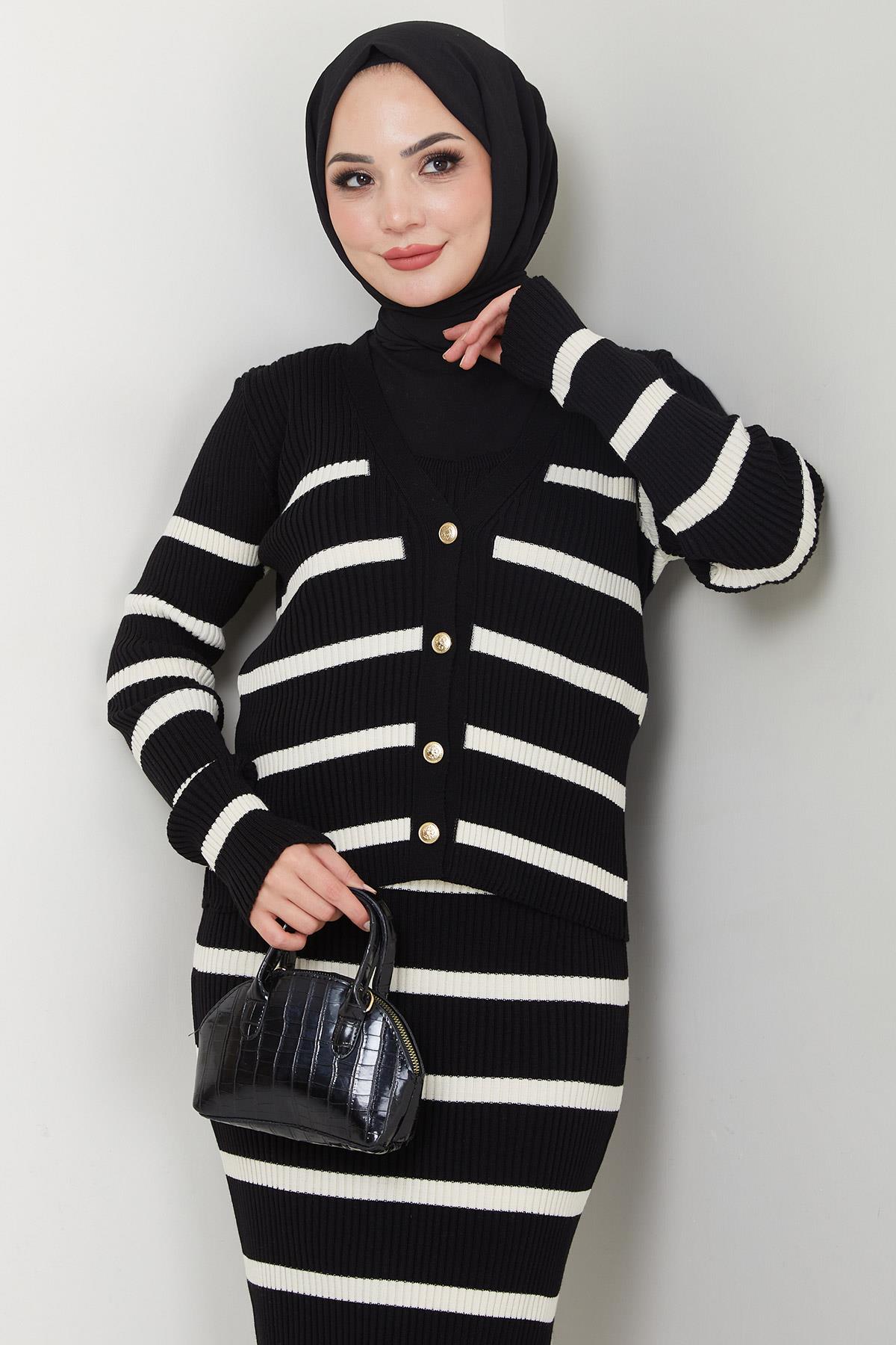 Çizgili Ceketli Jile Triko Takım Siyah HM2634