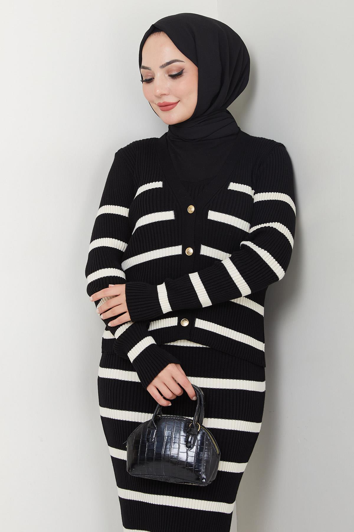 Çizgili Ceketli Jile Triko Takım Siyah HM2634