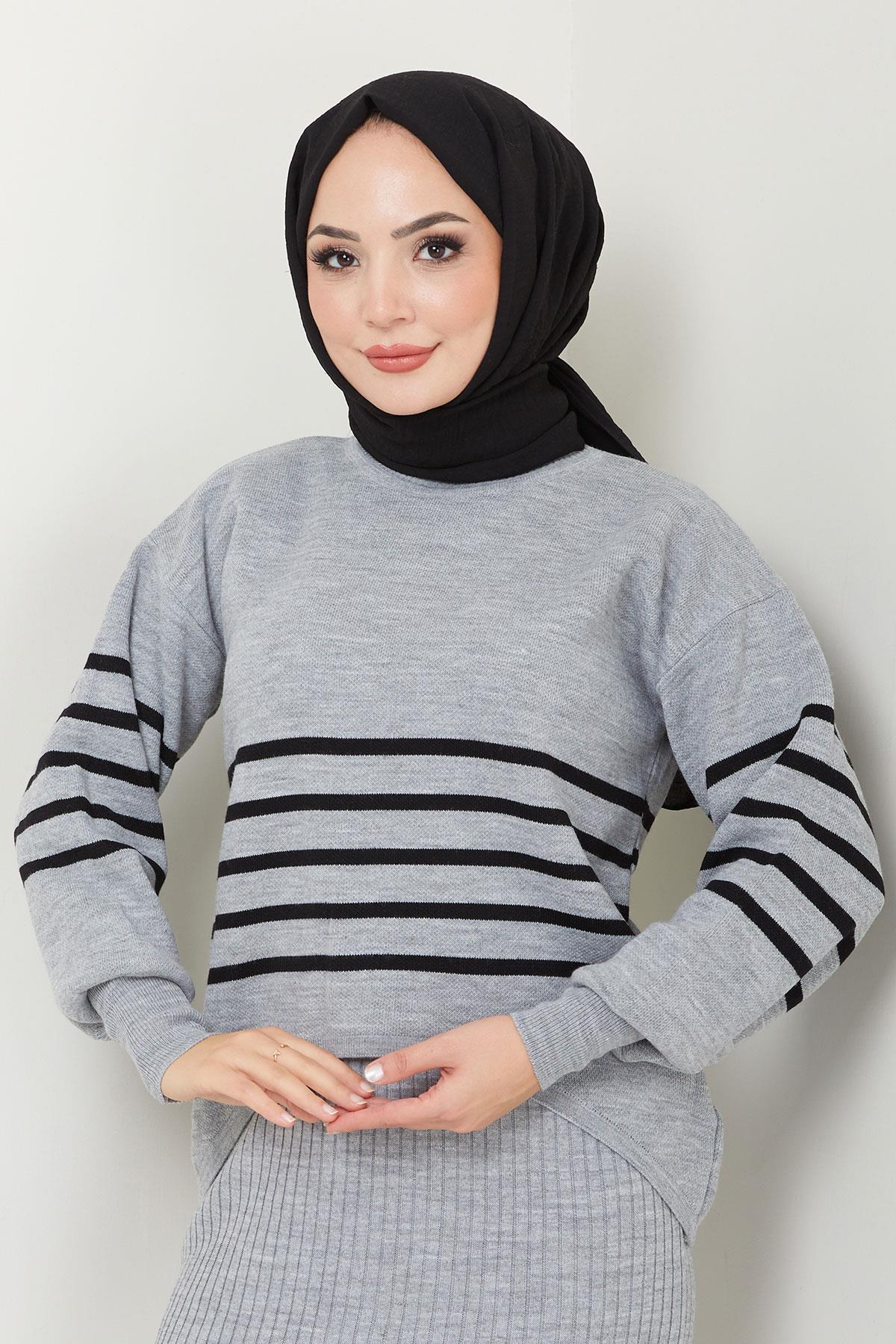 Çizgili Jile Kazak Triko Takım Gri HM2596