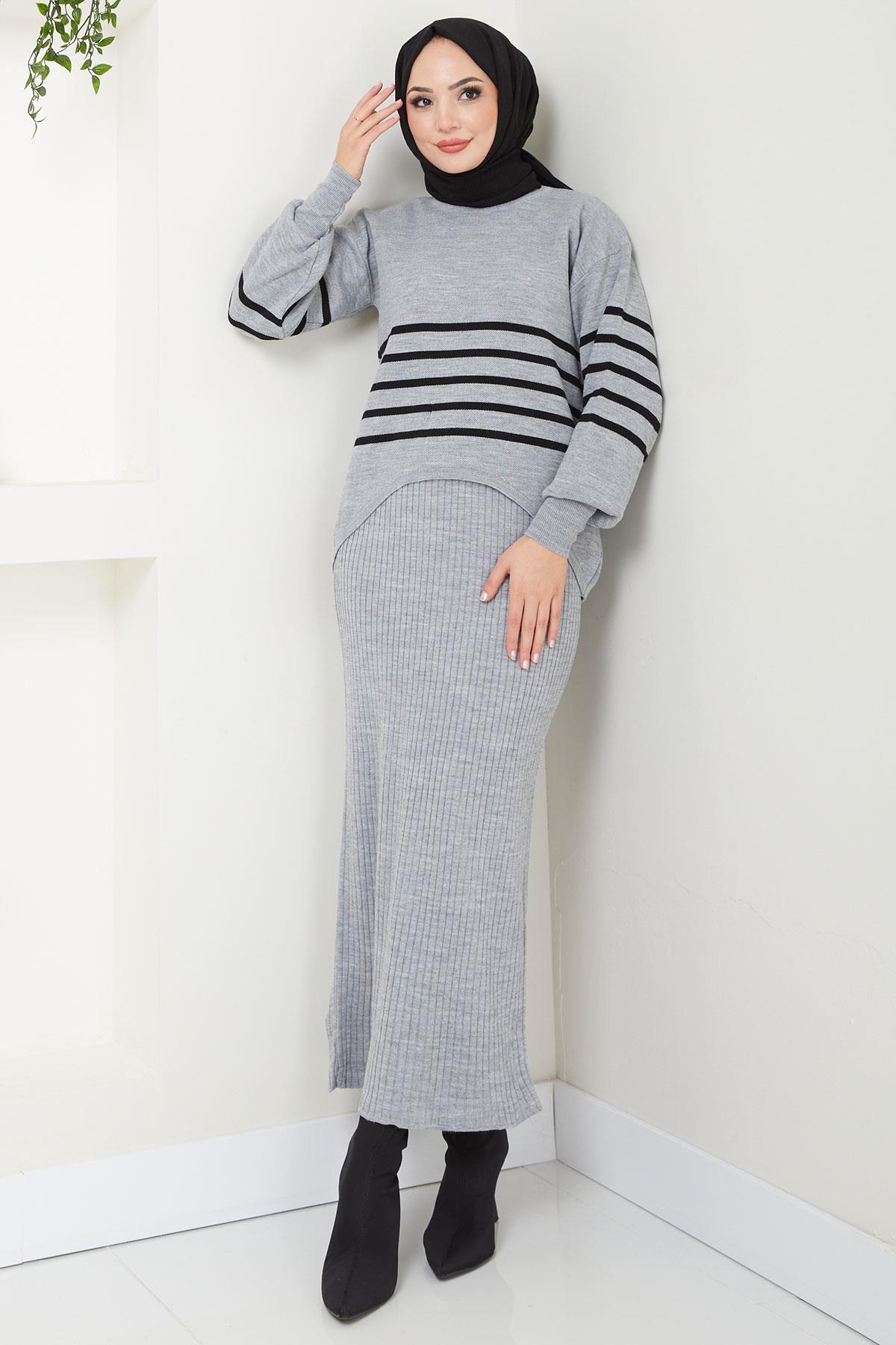 Çizgili Jile Kazak Triko Takım Gri HM2596