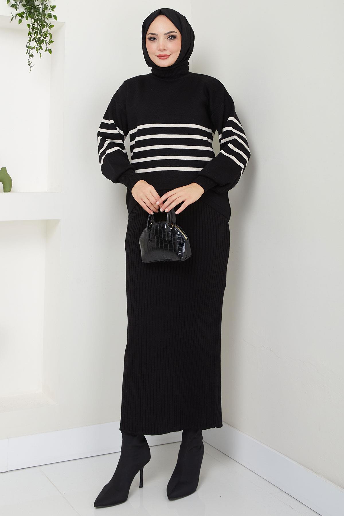 Çizgili Jile Kazak Triko Takım Siyah HM2596