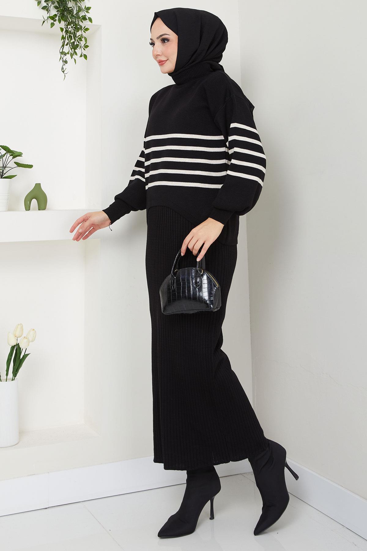 Çizgili Jile Kazak Triko Takım Siyah HM2596