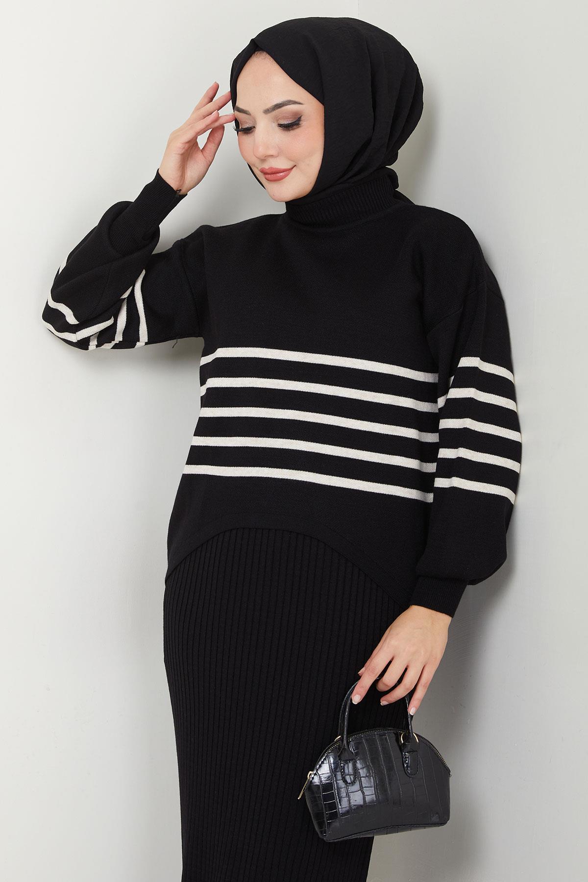 Çizgili Jile Kazak Triko Takım Siyah HM2596