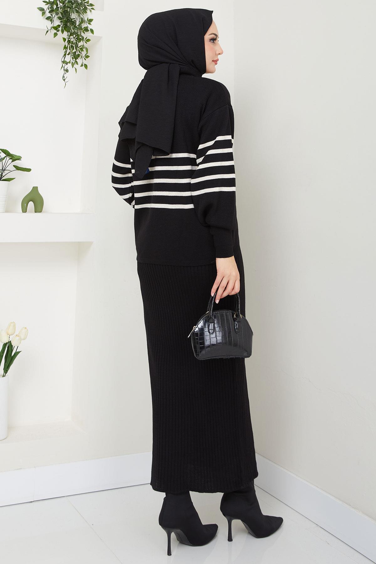 Çizgili Jile Kazak Triko Takım Siyah HM2596