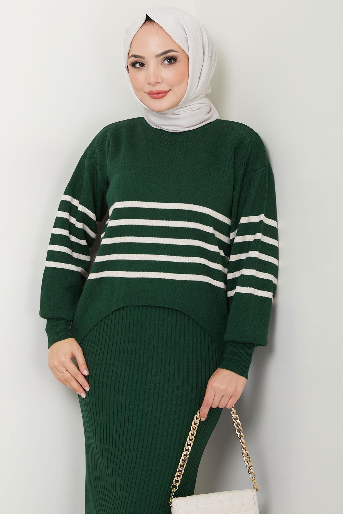 Çizgili Jile Kazak Triko Takım Zümrüt HM2596
