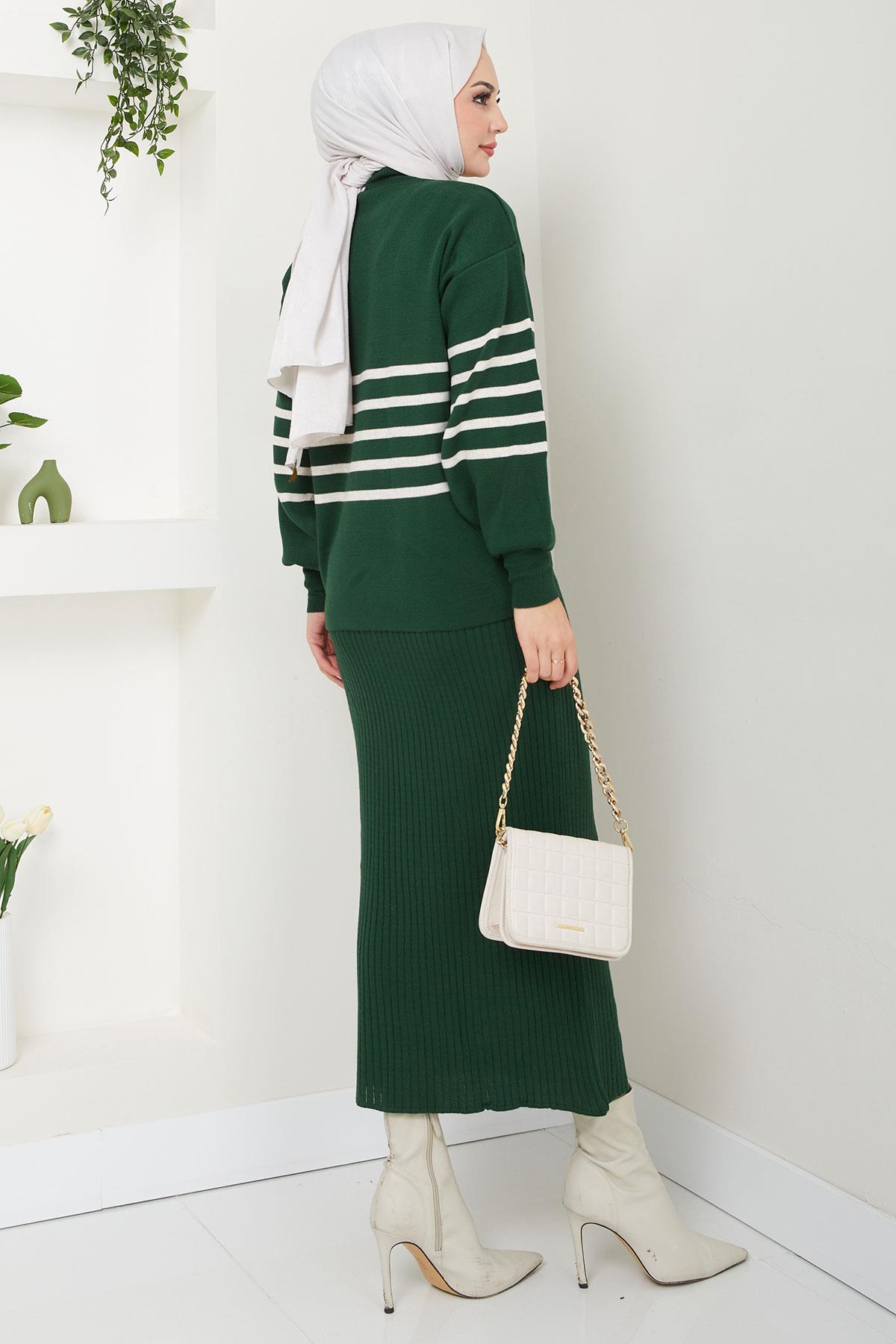Çizgili Jile Kazak Triko Takım Zümrüt HM2596
