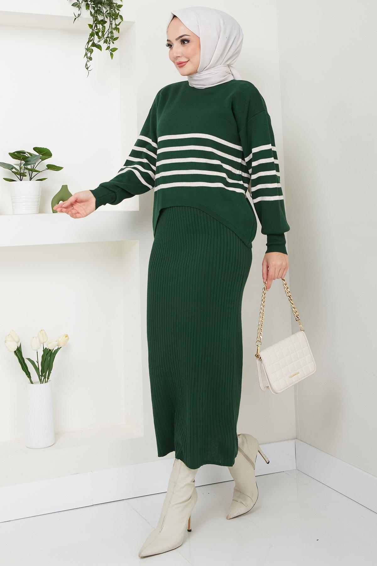 Çizgili Jile Kazak Triko Takım Zümrüt HM2596