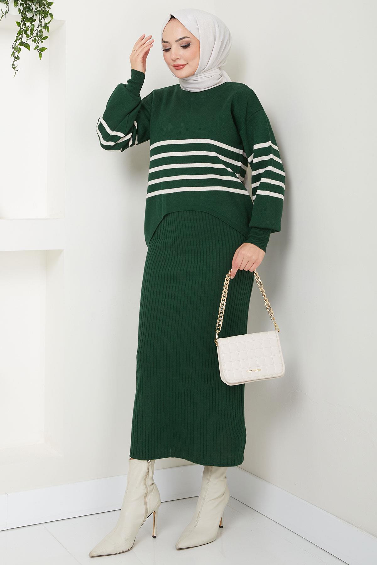 Çizgili Jile Kazak Triko Takım Zümrüt HM2596