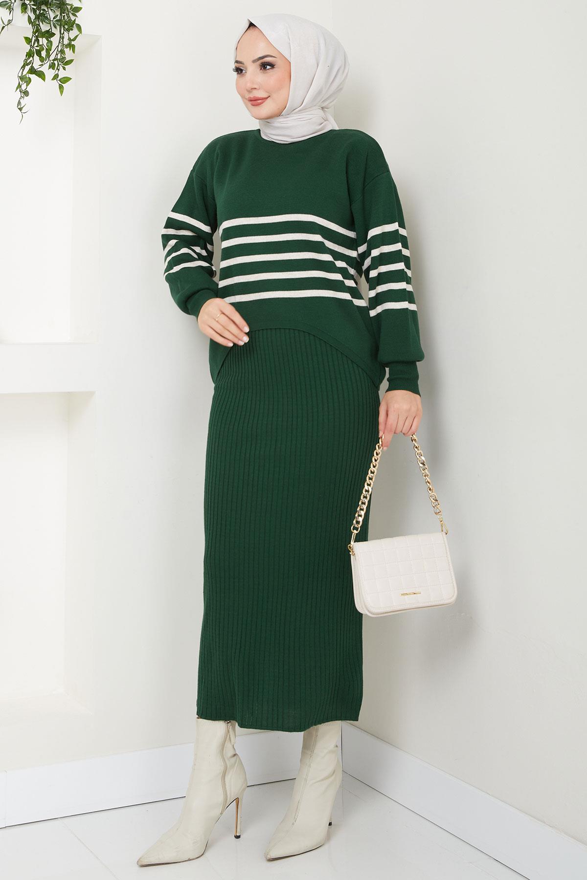 Çizgili Jile Kazak Triko Takım Zümrüt HM2596