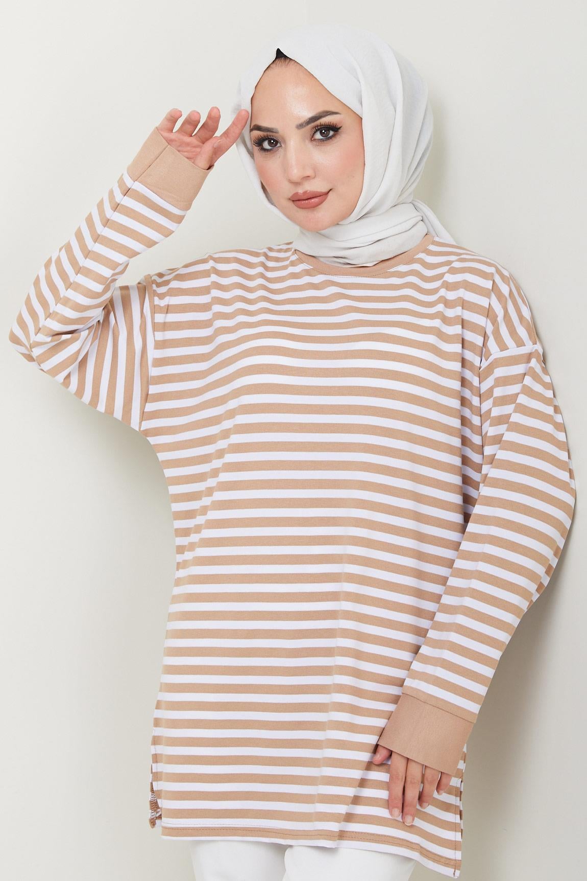 Çizgili Kısa Penye Tunik Camel HM2477