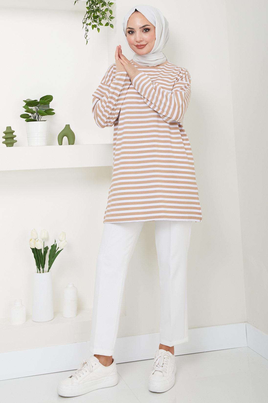 Çizgili Kısa Penye Tunik Camel HM2477
