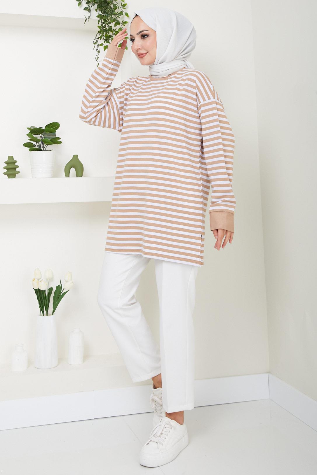 Çizgili Kısa Penye Tunik Camel HM2477