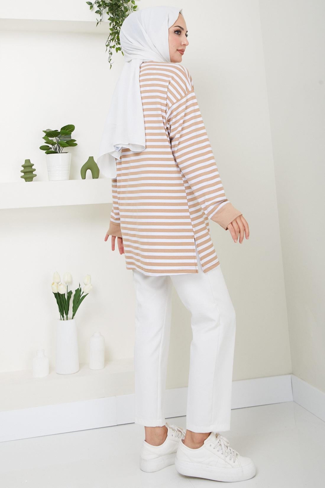 Çizgili Kısa Penye Tunik Camel HM2477