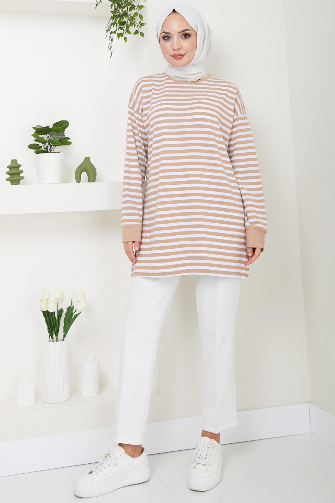 Çizgili Kısa Penye Tunik Camel HM2477
