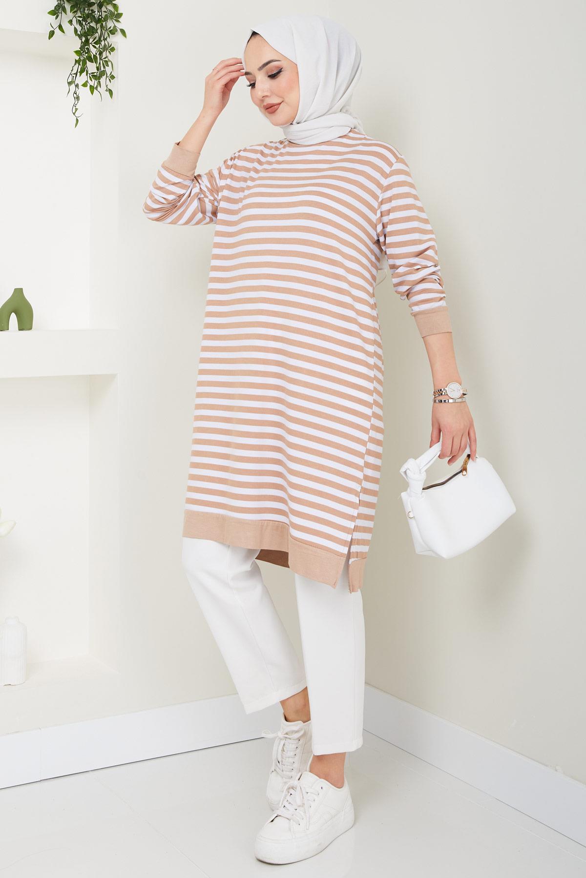 Çizgili Penye Tunik Camel HM2418