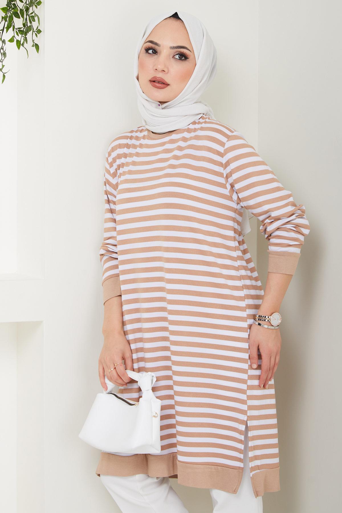 Çizgili Penye Tunik Camel HM2418