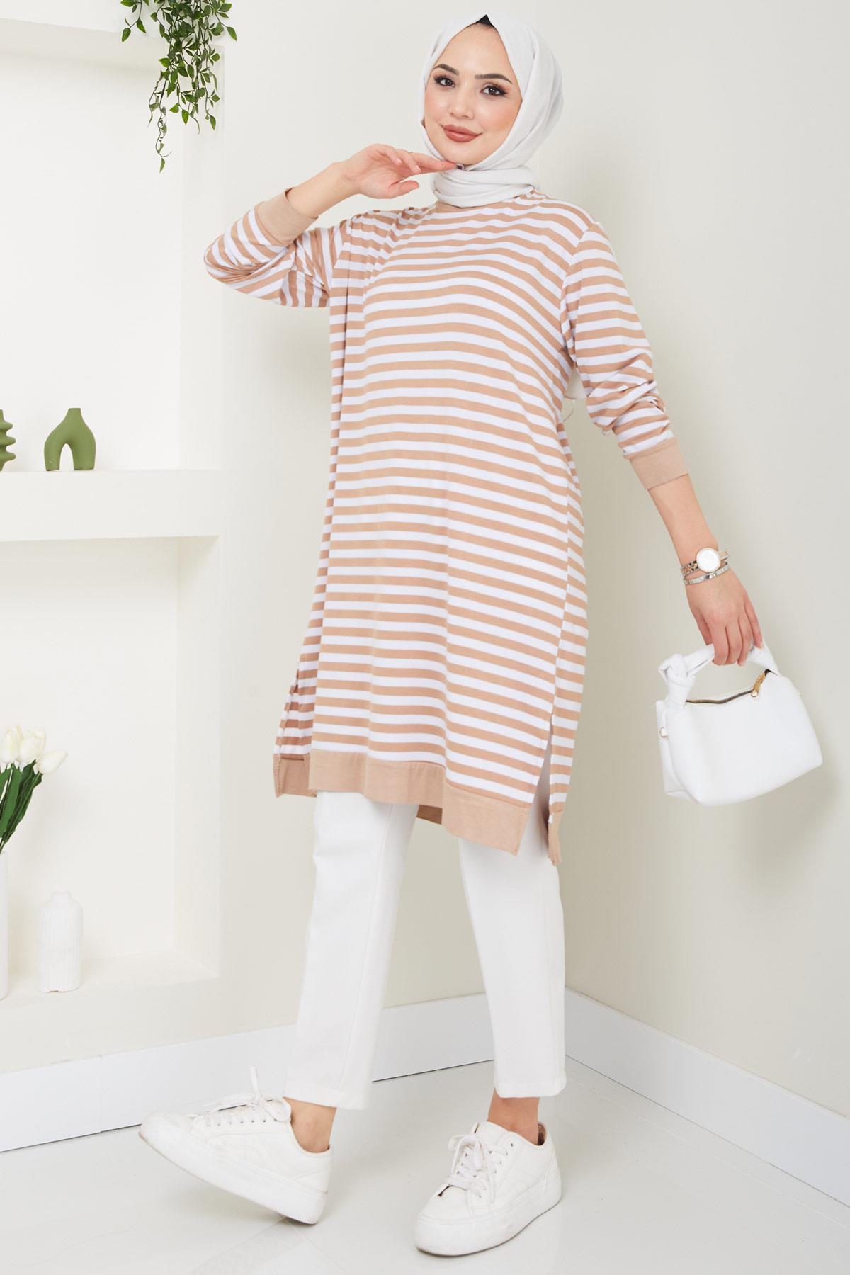 Çizgili Penye Tunik Camel HM2418