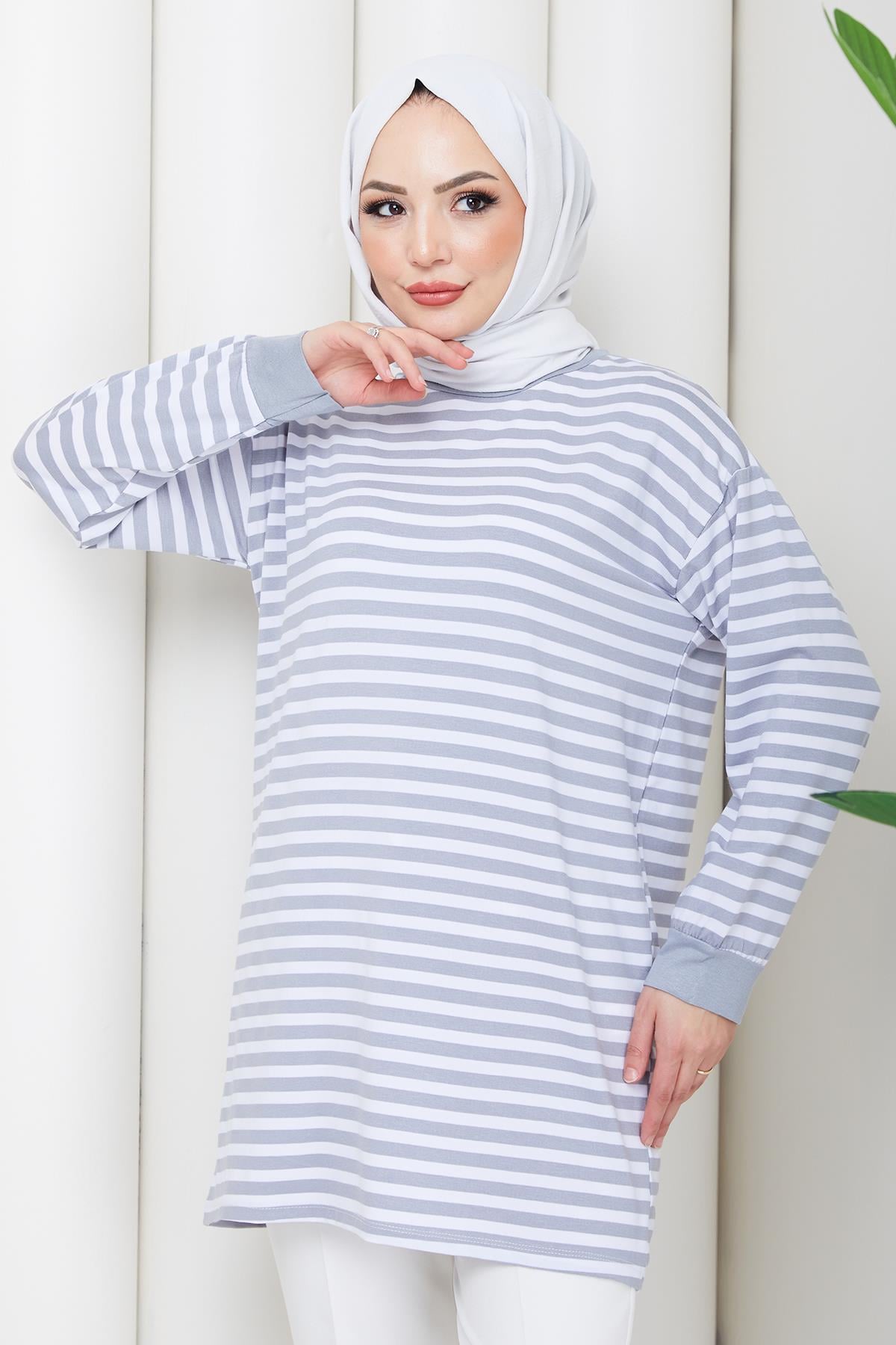 Çizgili Penye Tunik Gri HM2917