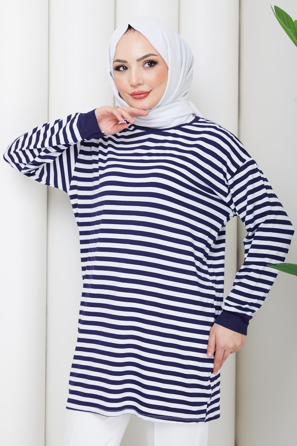 Çizgili Penye Tunik Lacivert HM2917