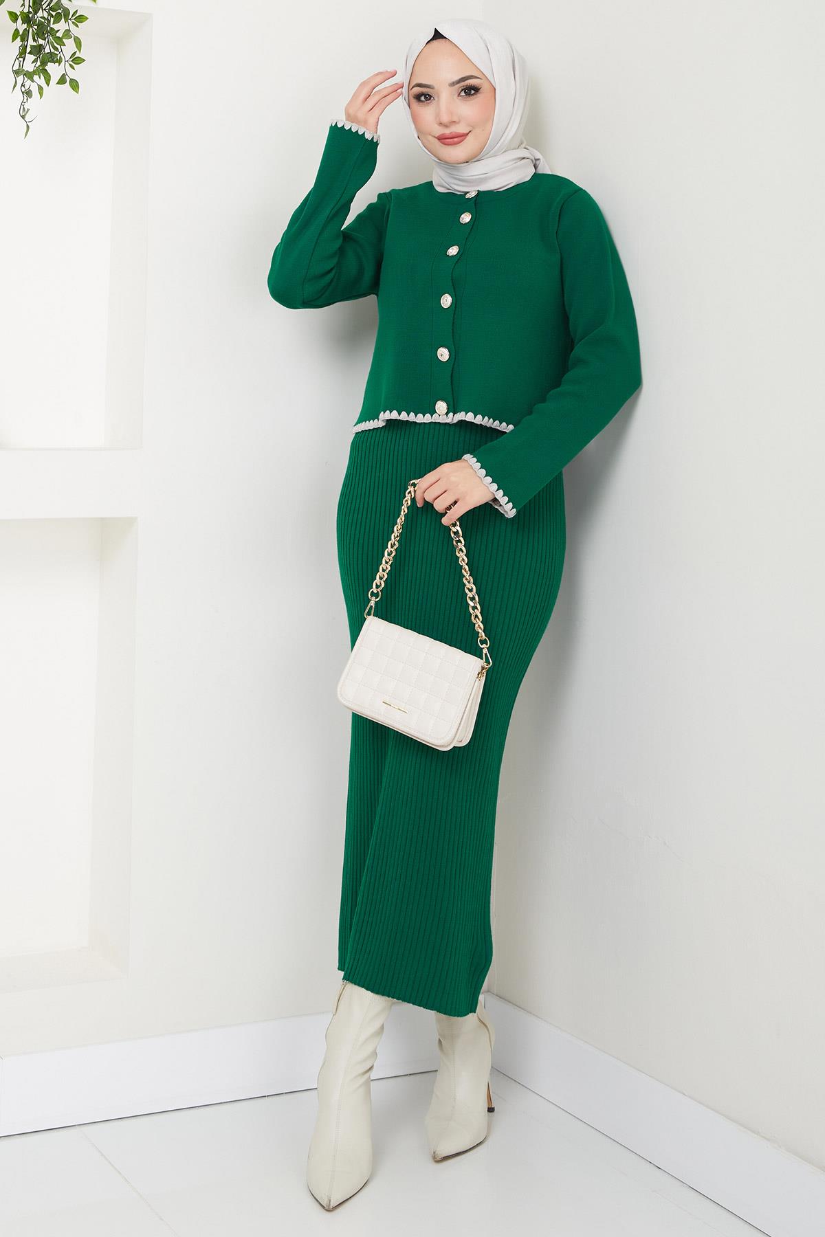 Çoban Dikişli Hırka ve Jile Triko Takım Zümrüt HM2613