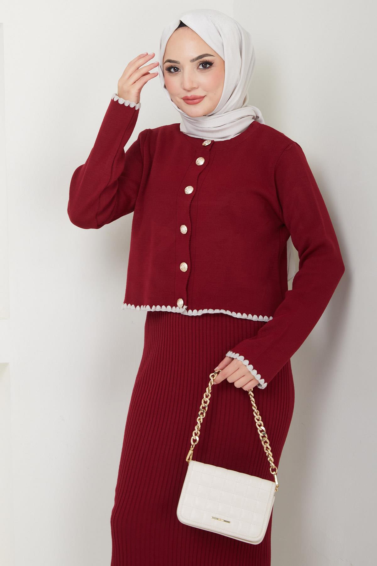 Çoban Dikişli Hırka ve Jile Triko Takım Bordo HM2613