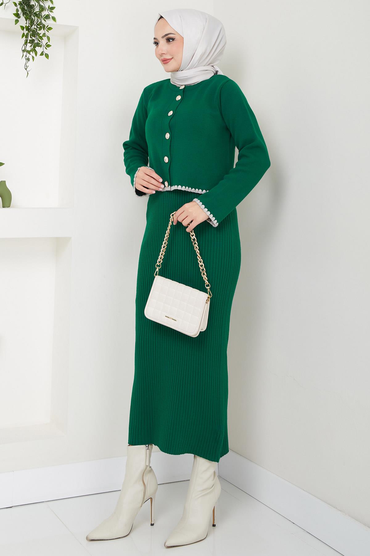 Çoban Dikişli Hırka ve Jile Triko Takım Zümrüt HM2613