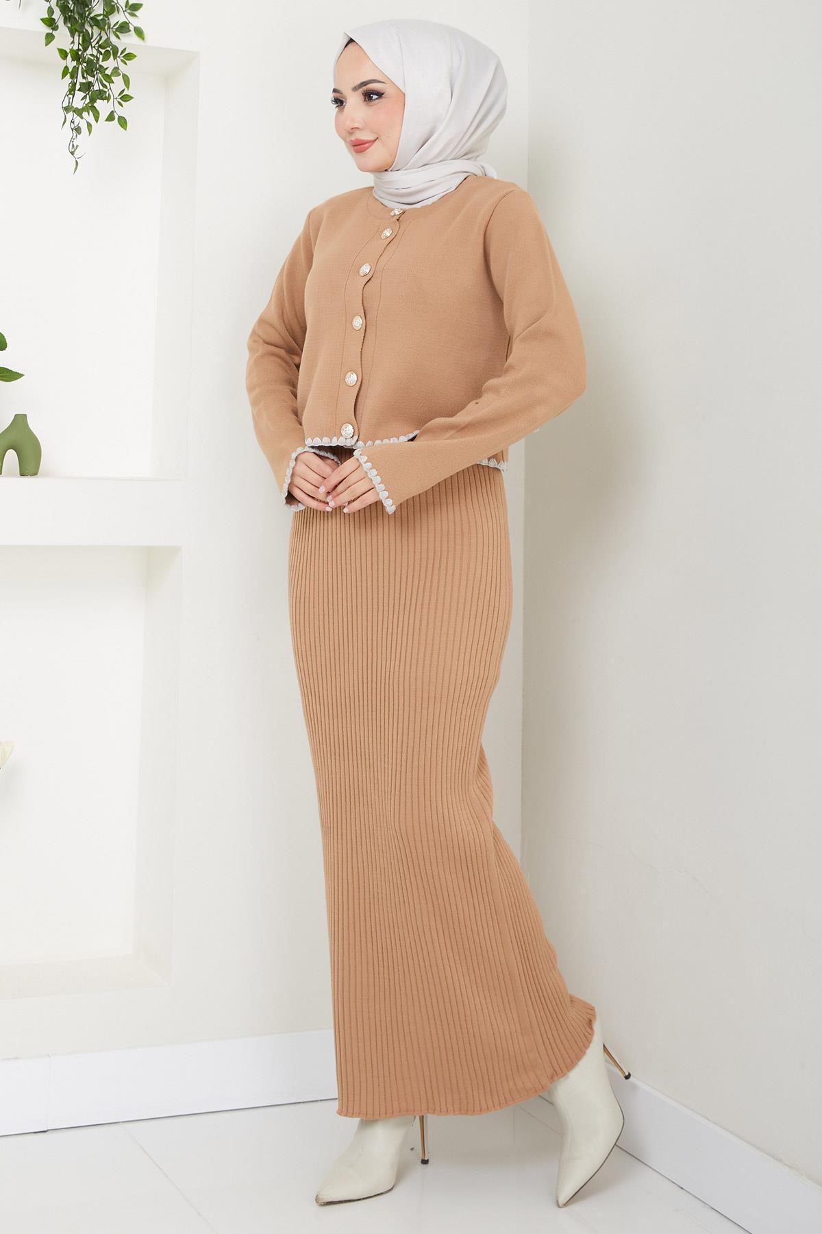 Çoban Dikişli Hırka ve Jile Triko Takım Camel HM2613