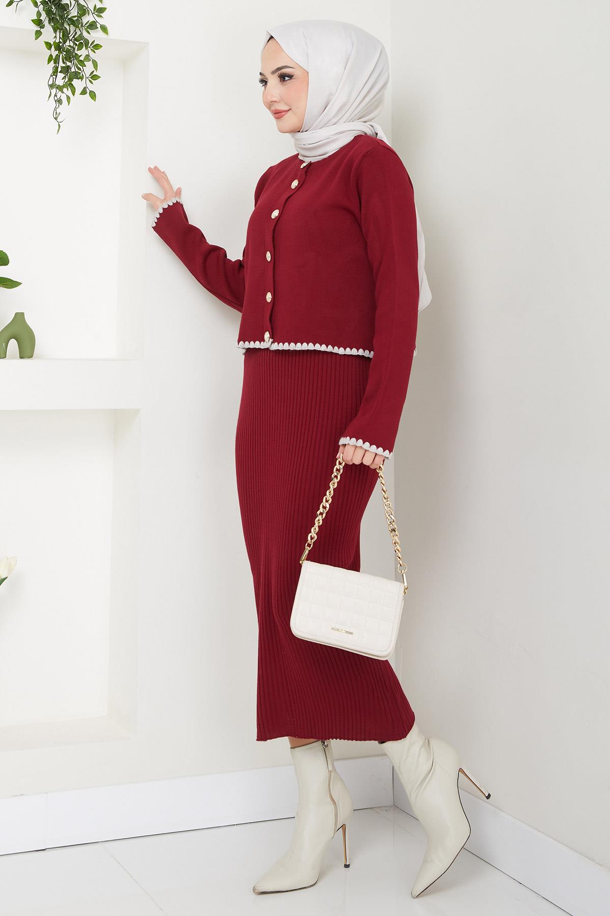 Çoban Dikişli Hırka ve Jile Triko Takım Bordo HM2613