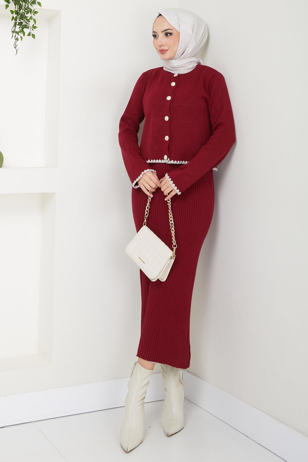 Çoban Dikişli Hırka ve Jile Triko Takım Bordo HM2613